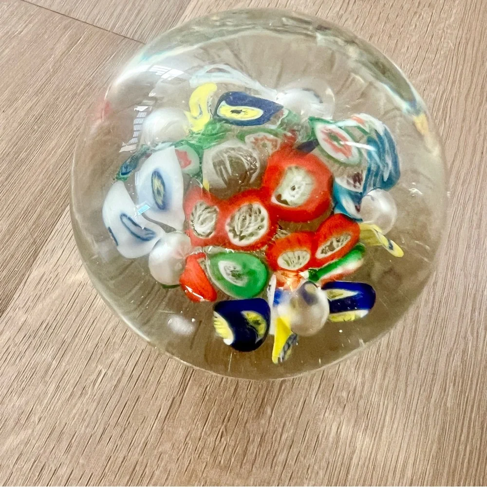 Vintage Italian Murano Art‎ Glass Millefiori Paperweight Multi-color Flowers